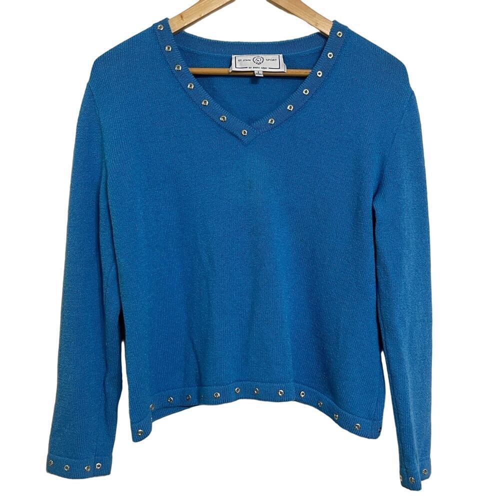 St. John Sport Light Blue Santana Knit V- Neck Sweater Size S